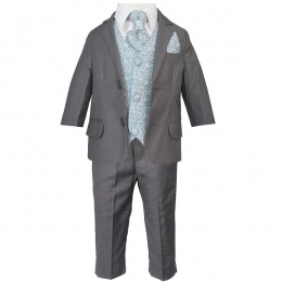 Boys Grey & Blue Swirl 6 Piece Slim Fit Suit